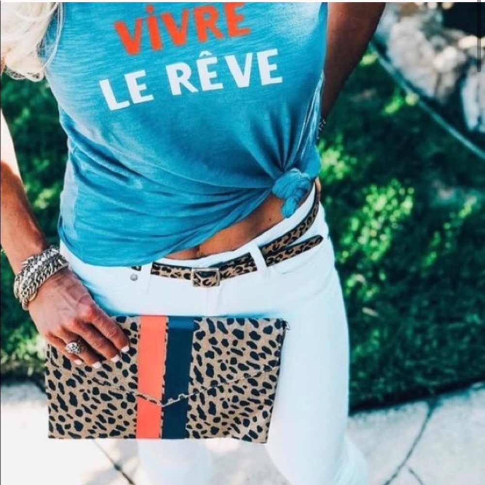 Stella & Dot | Bellamy Graphic Tan+Orange+Black Animal Print Clutch - Picture 8 of 16